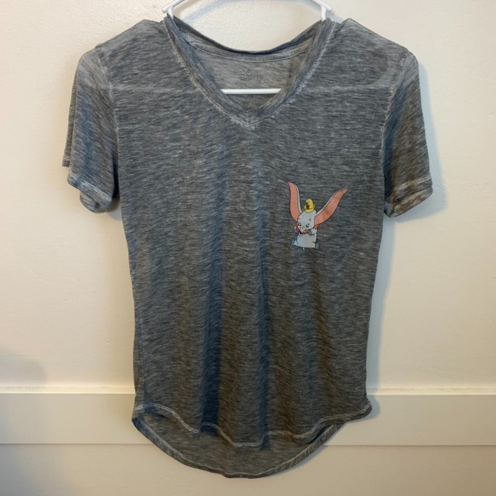 Disney Heathered Gray Dumbo Distressed V-Neck Short Sleeve Shirt